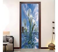 Plante Arum Gros Plan 3D Portephoto Stickers, Amovible éTanche PVC Auto-adhésif Autocollants Porte, Bleu Porte Muraux Auto-adhésif Stickers pour Décoration Intérieure 95x205 cm
