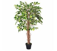 HOMESCAPES Arbre Artificiel Ficus Benjamina, Plante d’intérieur Figuier pleureur en Pot, avec Tronc en Bois véritable, Feuilles panachées 120 cm, Décoration de la Maison et du Bureau
