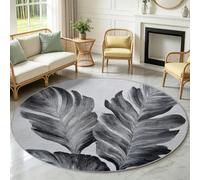 Plantes Minimalistes Tapis Rond pour Salon Chambre à Coucher et Cheminée Cuisine Salle à Manger - Feuilles Tropicales - Tapis de Sol poils courts doux Décoration Lavable et Antidérapant - Gris 80 cm