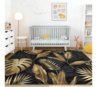 Plantes Monstera Feuilles Doux Tapis Salon 140 x 200 cm, Luxe Moderne Lavable en Machine Antidérapant Poil Ras Doux Tapis, Chambre Salle à Manger Bureau, Noir Or