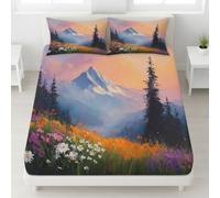 Plantes Montagne Enneigée Drap Housse 140 x 200 cm Bonnets 30 cm, Ensemble de Literie Majestueux Montagne Fleur Sauvage, Draps de Lit pour Enfants Adultes, Housse de Matelas Anti-Froissement