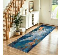 Plantes Tropicales Rétro Tapis de Couloir Lavable en Machine, Feuilles Floral Tapis Poil Ras, Bleu Moquette Antidérapant Doux pour Entrée Cuisine Chambre Salon, 60x240 cm