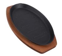Plaque à Griller Ronde en Fonte pour Steaks avec Base en Bois | Surface Rainurée, Poignée Anti Brûlure, Cuisson Polyvalente, Présentation Rustique, pour Viandes, Burgers, Barbecue
