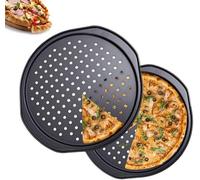 Plaque à pizza perforée Ibzenoa® en acier au carbone avec revêtement antiadhésif – Ø 33 cm, lot de 2, résistante à la chaleur jusqu'à 230 °C, noire, 36 x 33 x 1,5 cm, avec grandes poignées