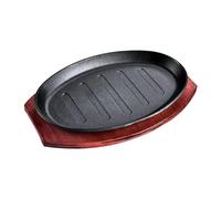 Plaque à steak en fonte antiadhésive ovale pour teppanyaki Noir 25 cm | Fonte antiadhésive à chauffage rapide facile à nettoyer avec plateau en bambou pour steak barbecue usage domestique