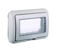 Plaque avec couvercle transparent, compatible avec BTicino Living, 4 modules/places, gris, hydrobox, support d'extérieur, IP55, étanche, étang, pour boîte/cassette 504