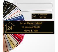Plaque Boîte aux Lettres Personnalisée Numéro Noir mat/Or | Gravure laser, PVC anti-UV, 40 motifs au choix, nom et prénom, 1 à 3 lignes, pose adhésive sans perçage