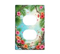 Plaque de couverture de sortie duplex côtière sur le thème de la plage | Scène de plage tropicale, feuilles de palmier et coquillages, accents de décoration côtière, thème île paradisiaque
