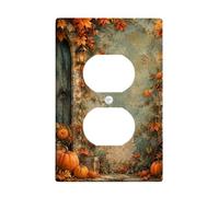 Plaque de couverture de sortie duplex rustique pour récolte de citrouilles | Feuilles d'érable, lanterne vintage, mur de pierre rustique, scène de récolte d'automne, accents saisonniers pour la maison