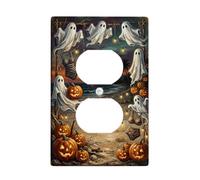 Plaque de couverture de sortie duplex sur le thème des fantômes tropicaux | Jack-o'-lanternes, décor plage tropicale, coucher de soleil, fantômes fantaisie, décoration saisonnière