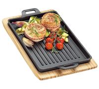 Plaque de cuisson avec planche - Assiette de service en fonte - Pour préparer des plats - Inclut un plateau en bois - 32 x 22 cm - Noir