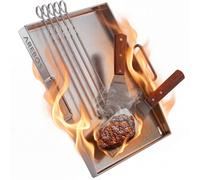 Plaque de cuisson en acier inoxydable Arebos 40 x 30 cm, épaisseur 4 mm, pour barbecues à gaz et à charbon jusqu'à 800 °C, avec bac à graisse, 2 spatules et 5 brochettes incluses, lavable au lave-vais
