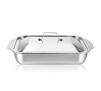 Plaque de Cuisson en Acier Inoxydable Profonde Rectangulaire avec Couvercle | Plat Inox avec Couvercle, pour Poisson et Viandes, Design Profond, Usage Familial, Finition Argenté