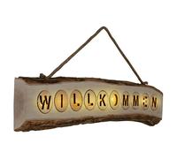 Plaque de porte Bienvenue en bois Plaque décorative de porte d'entrée Inscription de bienvenue à suspendre, bois de pin Jute suspension, LED blanc chaud, LxlxH 60x3,6x12 cm