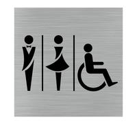 Plaque de porte carré pictogramme toilettes hommes/femmes/pmr, 150 x 150 mm (15x15 cm), Aluminium brossé