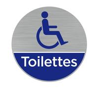 Plaque de porte rond pictogramme toilettes handicapés, Diamètre 76 mm (7,6 cm), Adhésif aspect aluminium brossé