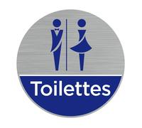 Plaque de porte rond pictogramme toilettes mixtes, Diamètre 83 mm (8,3 cm), Adhésif aspect aluminium brossé