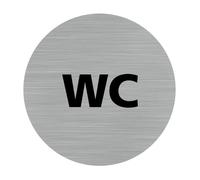 Plaque de porte rond pictogramme wc, Diamètre 76 mm (7,6 cm), Adhésif aspect aluminium brossé