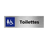 Plaque de porte toilettes femme PMR, 170x50 mm (17x5 cm), adhésif aspect aluminium brossé