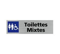 Plaque de porte toilettes mixtes, 170x50 mm (17x5 cm), adhésif aspect aluminium brossé