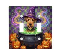 Plaque de protection double pour interrupteur Motif chien sorcière | Chapeau de sorcière, citrouilles Jack-o'-lanterne, chaudron de potion magique, art de chien fantaisie