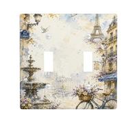 Plaque de protection pour double interrupteur de vélo, romantique vintage Tour de Paris Fontaine Printemps Plastique Bleu Taille standard Plaques d'interrupteurs muraux Accents pour chambre à coucher