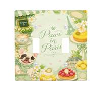 Plaque de protection pour double interrupteur en forme de chien, chic et fantaisie, tour de Paris, macarons, en plastique vert printemps, taille standard, pour la maison, le salon, la chambre à