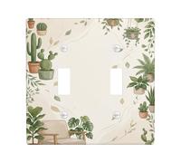 Plaque de protection pour interrupteur double en forme de cactus - Feuilles naturelles en pot - En plastique vert - Taille standard - Décoration pour la maison, le salon, la chambre à coucher, la