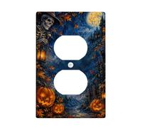 Plaque de sortie duplex effrayante pour Halloween avec squelette et | Jack-o'-lanterns, château hanté, pleine lune, feuilles d'automne, art gothique, ambiance de humeur