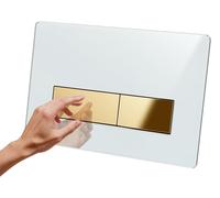 Plaque depour WC en verre, compatible avec les mécanismes Geberit Sigma 01/20/30, finition blanche et détails dorés