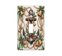 Plaque d'interrupteur à bascule Ancres nautiques Décoration de Noël | Détails de corde nautique, grelots en laiton, houx botanique, style ferme côtière, accents saisonniers pour la maison