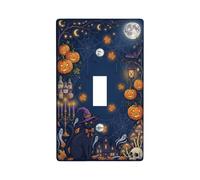 Plaque d'interrupteur à bascule Motif chat sorcière Halloween | Jack-o'-lanterns, maison hantée, chapeau de sorcière, toiles d'araignée effrayantes, clair de lune lumineux