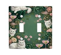 Plaque d'interrupteur double motif chat - Vintage - Fleur artistique - Cocktail - Sans plastique vert - Taille standard - Décoration pour la maison, le salon, la chambre à coucher, la salle de bain