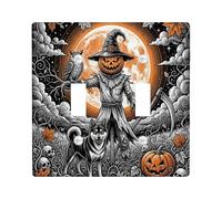 Plaque d'interrupteur double motif citrouilles effrayantes Halloween | Tête de citrouilles, toile de fond pleine lune, fidèle compagnon de chien, illustration gothique, accents saisonniers pour la