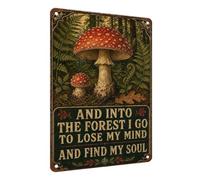 Plaque en métal champignon de forêt, décoration murale vintage « Into the Forest I Go » pour cabine, lodge 30 x 40 cm