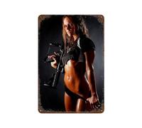 Plaque en métal - Fille sexy armée avec pistolet - Peinture murale en fer blanc 30,5 x 20,3 cm (10)
