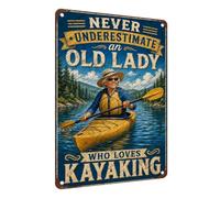 Plaque en métal Old Lady Kayak, décoration murale vintage sur le lac, ne sous-estime jamais sous-estimer pour cabine, lodge 20 x 30 cm