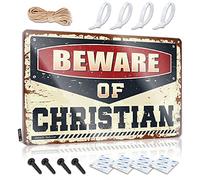 Plaque en métal Règles de salle de bain Décor à bord plié et château fantastique médiéval Décoration rustique Impression plate | Décoration de chambre Cowboy Men Beware Of Christian - 1 : Panneau en