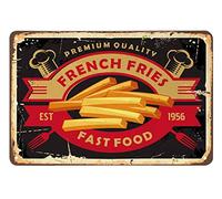 Plaque en métal vintage « Frites », motif fourchette et ruban, style rouille ovale à rayures, idéale pour cafés, bars, pubs et boutiques. Décoration murale humoristique et rétro pour hommes et f