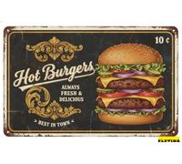 Plaque en métal vintage Hot Burgers - Décoration murale amusante pour maison, cuisine, bar, restaurant, café, pub - 30,5 x 20,3 cm
