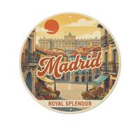 Plaque en métal vintage Madrid Plaza Mayor Royal Palace | Plaque ronde de style vintage de 20,3 x 20,3 cm pour décoration murale pour café, club, bar, bureau, jardin, porte d'entrée