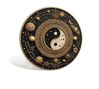 Plaque en métal Yin Yang Feng Shui pour décoration murale de maison, bureau, café, fête, bar, intérieur/extérieur, 20,3 x 20,3 cm, style vintage, étoiles cosmiques rondes (25162)