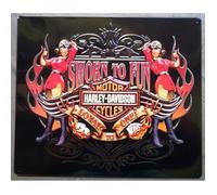 Plaque en tôle peinte - Harley Davidson - Sworn to Fun - Rouge - Pin-up et flammes - Vintage