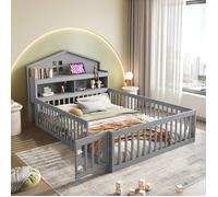 Plaque épaissieLit d'enfant 140 x 200, cadre de lit d'enfant en bois massif, barre de maison, avec étagères et espace de rangement