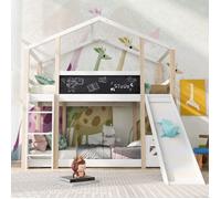 Plaque épaissieLit d'enfant cabane avec toboggan & échelle 90 x 200 cm, lit surélevé pour enfants- 2x sommier à lattes- naturel &