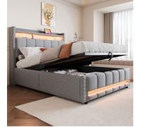 Plaque épaissieLit rembourré 140 * 200cm avec éclairage LED et prise USB, tête de lit avec étagères et espace de rangement, avec r