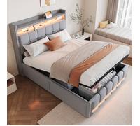 Plaque épaissieLit rembourré 140*200cm avec éclairage LED et prise USB, Tête de lit avec étagères et espace de rangement, Avec hyd