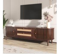 Plaque épaissieMeuble TV-Meuble TV en bois naturel avec portes et tiroirs. Support TV avec côtés en rotin. Solution de rangement,