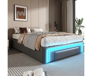 Plaque épaissieSommier 90X200 avec tiroirs, lit en cuir PU sans tête de lit Avec bande lumineuse LED, sommier à lattes métalliques