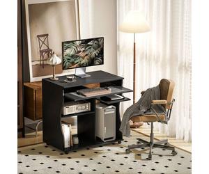 Plaque épaissietable d'ordinateur avec roulettes Bureau avec plateau clavier, étagère, bureau PC noir 80 x 48 x 75 cm